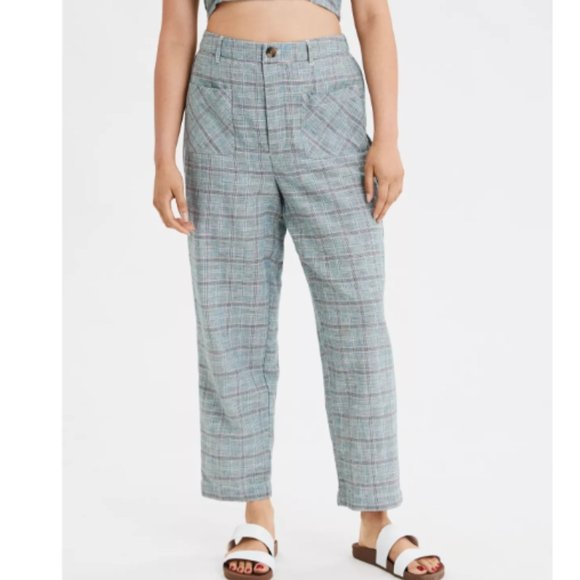 NWT American Eagle Pants Linen Blend High Waisted Plaid Casual Small Academia - Picture 1 of 11